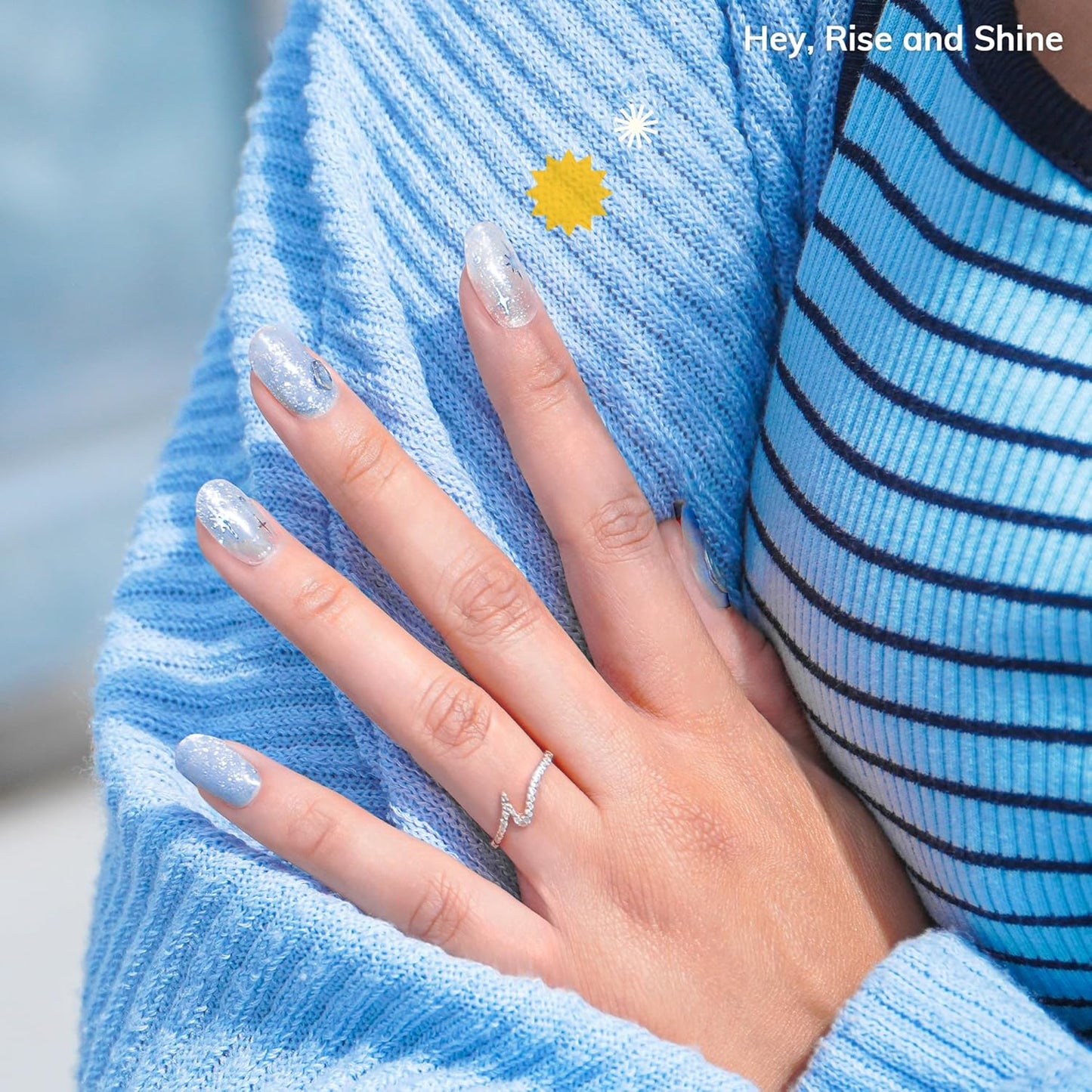 Semi Cured Gel Nail Strips | No LED Lamp Needed | Glitter, Blue, White | Easy Apply & Remove, Salon Quality | Includes 28 Strips, 1 Prep Pads, Nail File & Wooden Stick - Hey, Rise and Shine