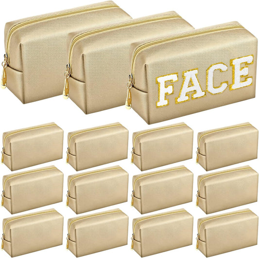 Kigeli 15 Pcs Aesthetic Makeup Bags PU Leather Cosmetic Pouches Waterproof Plain Toiletry Bags Makeup Pouches Bulk for Women Party Gift Travel Storage Organizer(Champaign Gold)