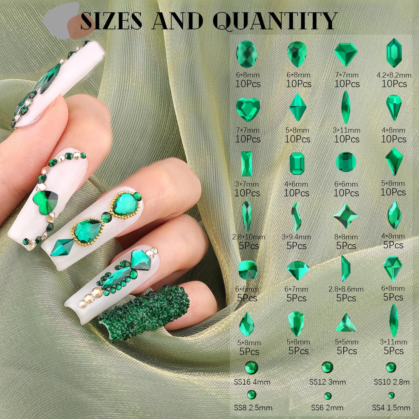 1680Pcs Emerald Green Glass Nail Rhinestones 180Pcs Multi Shapes Flatback Nail Gems + 1500Pcs 1.5-4mm Round Crystal, Manicure Nail Charms Diamond Gemstone for Acrylic Nails Decoration