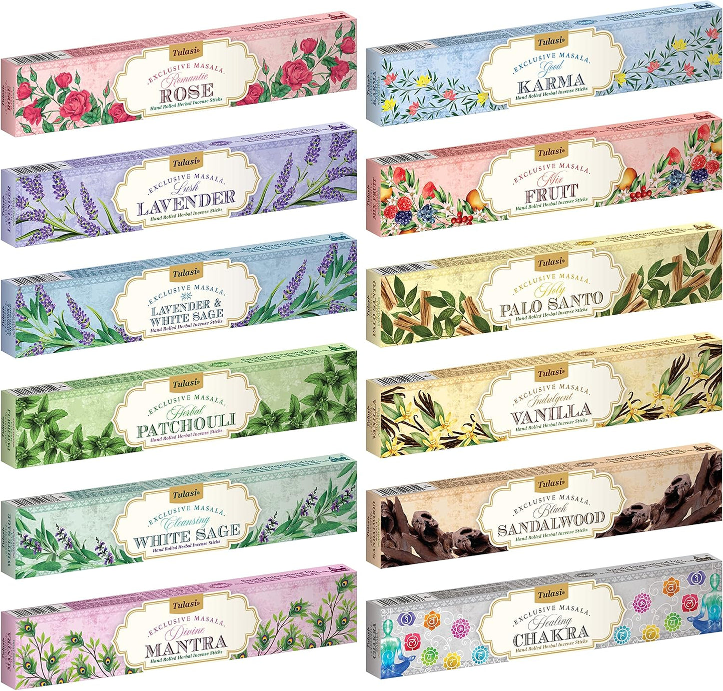 Tulasi Incense Sticks Set of 12 Scents (180 Sticks) Variety Natural Fragrances - Lavender, White Sage, Patchouli, Rose, Chakra, Mantra, Sandalwood, Palo Santo, Fruit for Meditation & Positive Vibes
