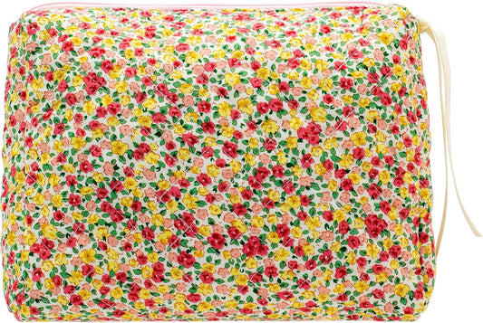 PAZIMIIK Quilted Makeup Bag Large Travel Zipper Soft Cosmetic Pouch for Women Girls Make Up,Little Flower